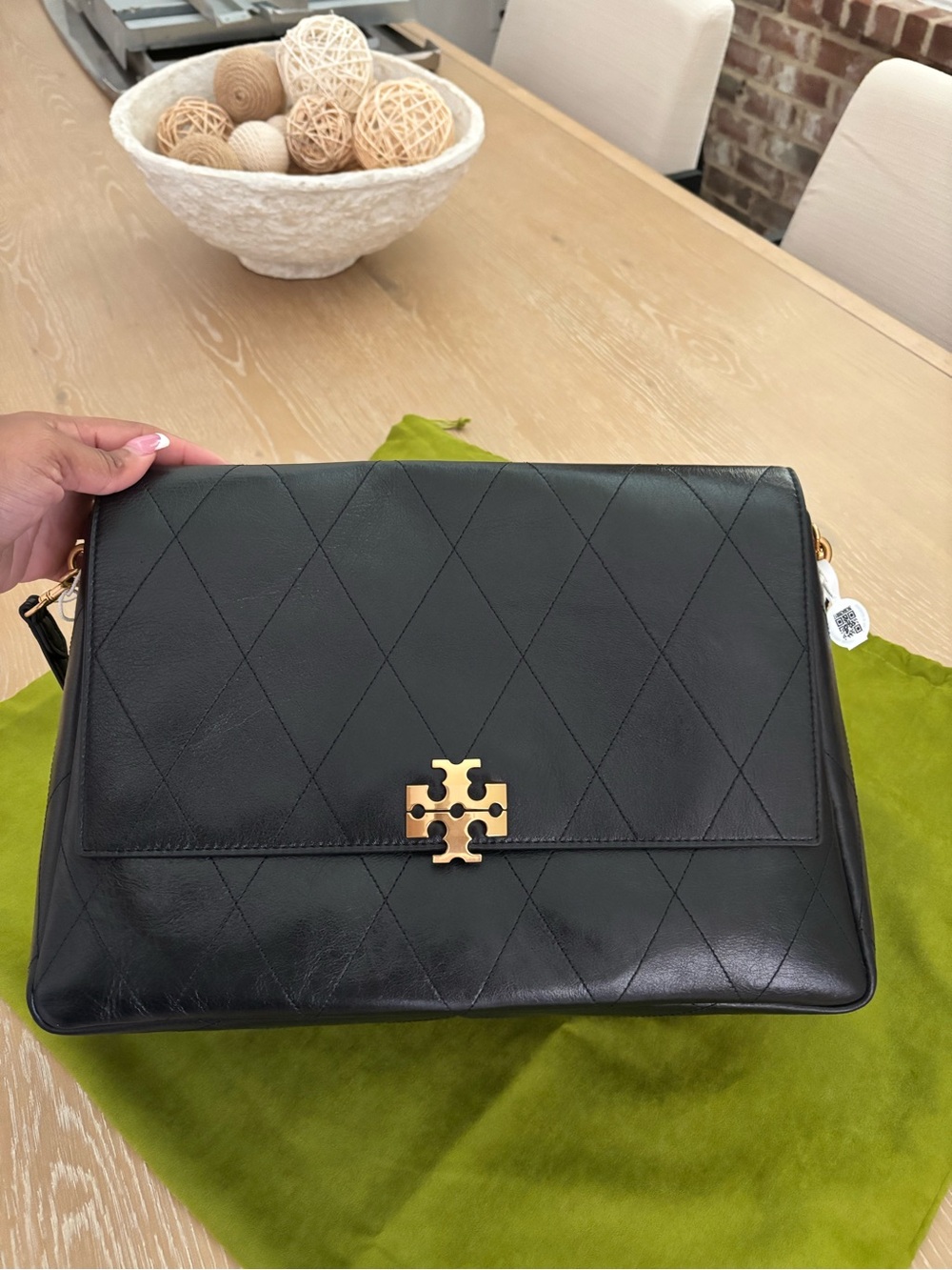 Tory Burch Black Quilted Leather Shoulder Bag with Gold Logo Hardware